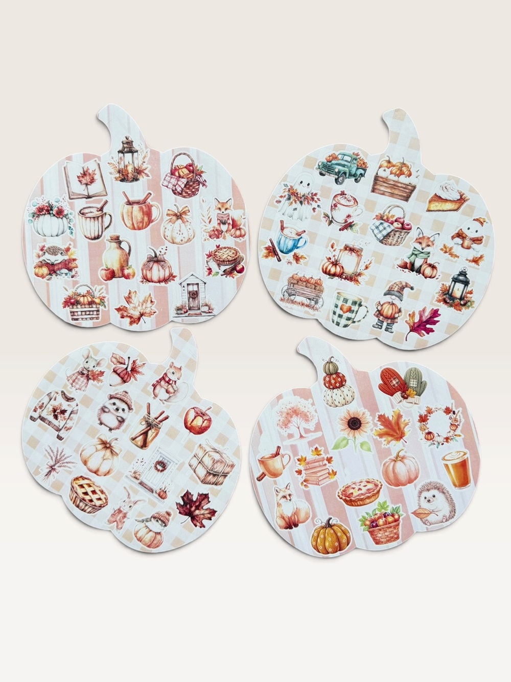 60 Handmade Autumn Stickers on 4 Pumpkin-Shaped Sheets of Fall Icons